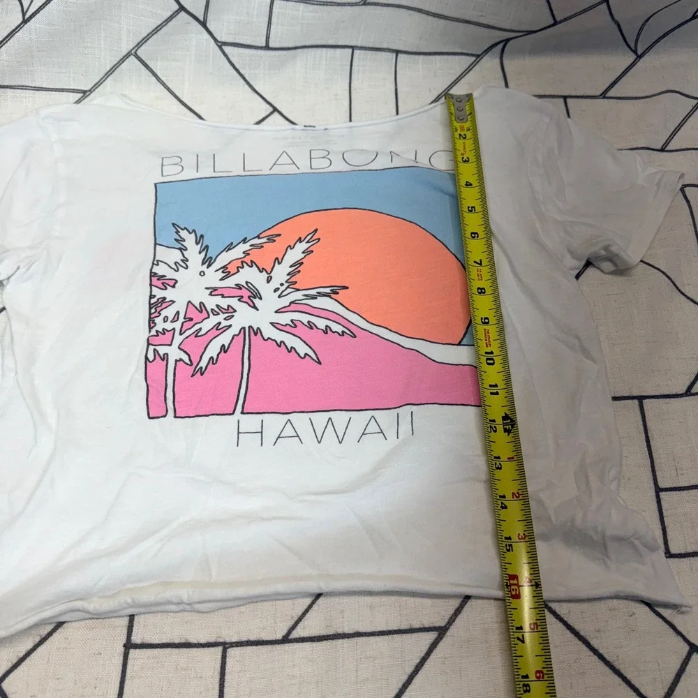 Billabong Hawaii Graphic T-Shirt Small White Cropped Raw‎ Hem Sunset Palm Tree